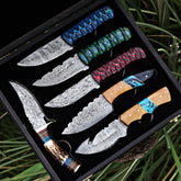 Set of 06 Handmade Damascus Steel Skinners with Wooden Box