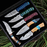 Set of 06 Handmade Damascus Steel Skinners with Wooden Box