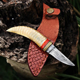 Handmade Ivory Horn Damascus Steel Skinner with Leather Cover