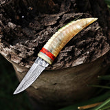 Handmade Ivory Horn Damascus Steel Skinner with Leather Cover