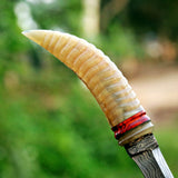 Handmade Ivory Horn Damascus Steel Skinner with Leather Cover