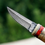 Handmade Ivory Horn Damascus Steel Skinner with Leather Cover