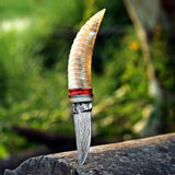 Handmade Ivory Horn Damascus Steel Skinner with Leather Cover