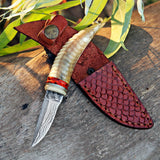 Handmade Ivory Horn Damascus Steel Skinner with Leather Cover