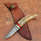 Handmade Ivory Horn Damascus Steel Skinner with Leather Cover