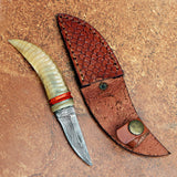 Handmade Ivory Horn Damascus Steel Skinner with Leather Cover