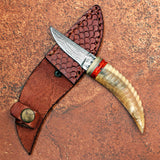 Handmade Ivory Horn Damascus Steel Skinner with Leather Cover