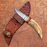 Handmade Ivory Horn Damascus Steel Skinner with Leather Cover