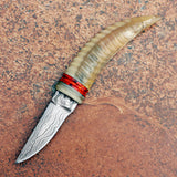Handmade Ivory Horn Damascus Steel Skinner with Leather Cover