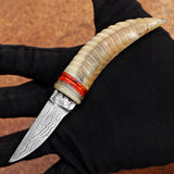 Handmade Ivory Horn Damascus Steel Skinner with Leather Cover
