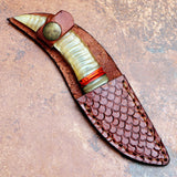 Handmade Ivory Horn Damascus Steel Skinner with Leather Cover