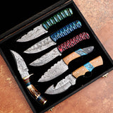 Set of 06 Handmade Damascus Steel Skinners with Wooden Box