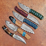 Set of 06 Handmade Damascus Steel Skinners with Wooden Box