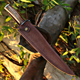 Brown Zig Zag Bowie Custom Handmade Carbon Steel Hunting Knife with Leather Cover – Anniversary/Birthday Gift