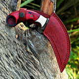 Red Wood Karambit Custom Handmade J2 Steel Karambit Knife with Leather Cover – Anniversary/Birthday Gift