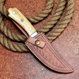 Crown Bone Handle Skinner Custom Handmade J2 Steel Hunting Knife with Camel Bone Handle and Leather Cover – Anniversary/Birthday Gift