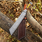 Custom Handmade Damascus Steel Machete with Leather Cover – Christmas/New Year Gift