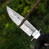 Custom Handmade Damascus Steel Skinner Knife with Wood Handle and Leather Cover – Anniversary/Birthday Gift