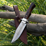 Custom Handmade Damascus Steel Skinner Knife with Wood Handle and Leather Cover – Anniversary/Birthday Gift