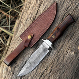 Custom Handmade Damascus Steel Skinner Knife with Wood Handle and Leather Cover – Anniversary/Birthday Gift