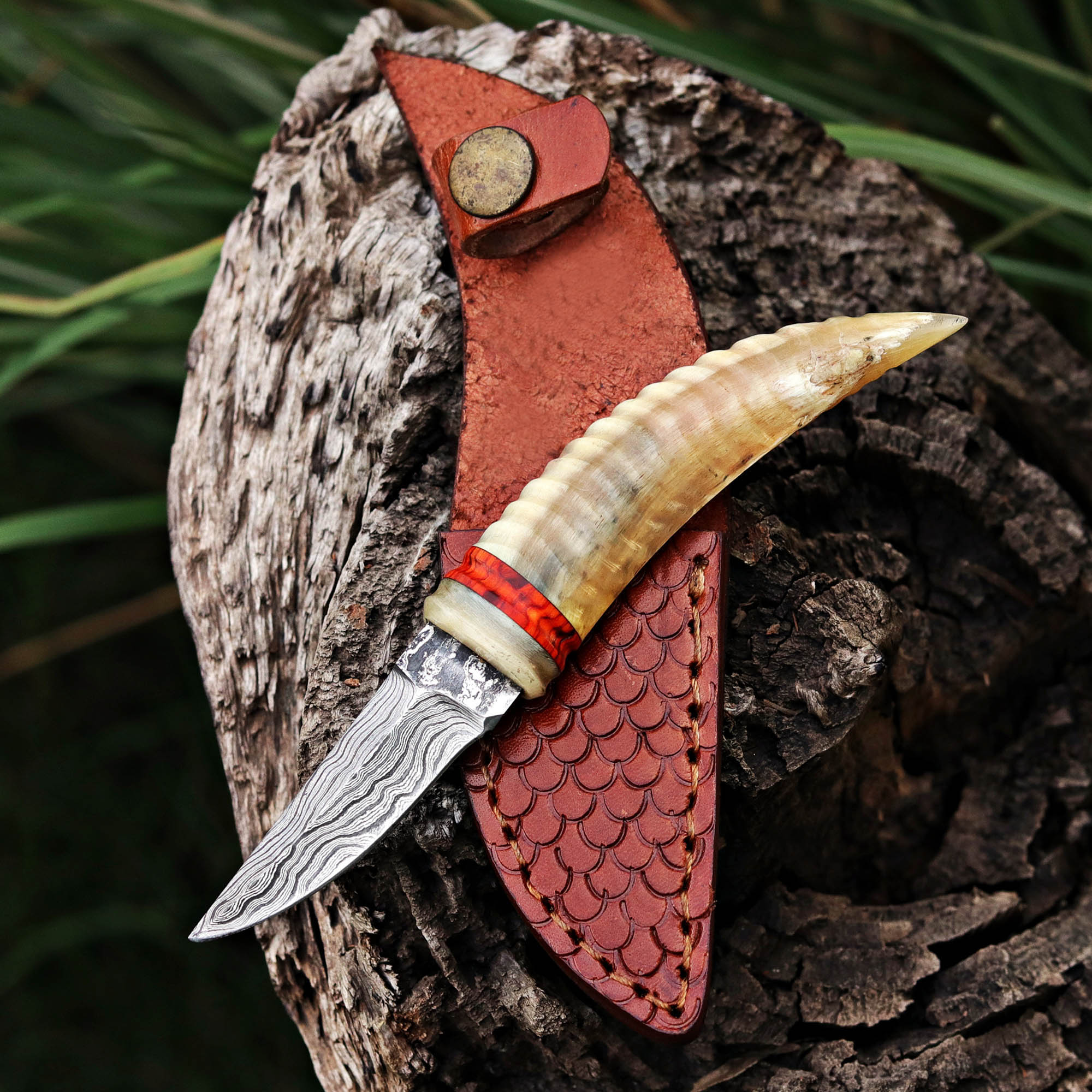 Handmade Ivory Horn Damascus Steel Skinner with Leather Cover