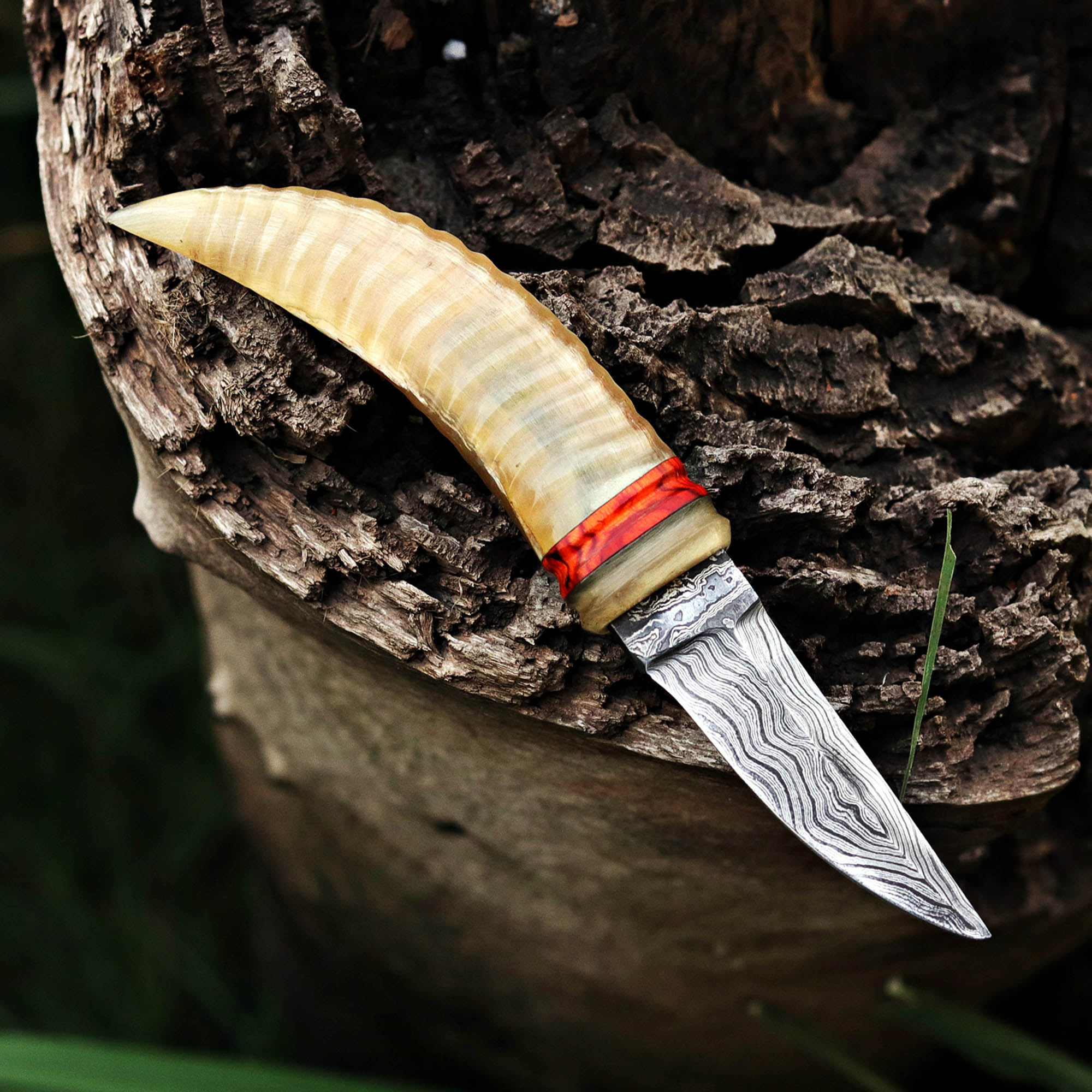 Handmade Ivory Horn Damascus Steel Skinner with Leather Cover