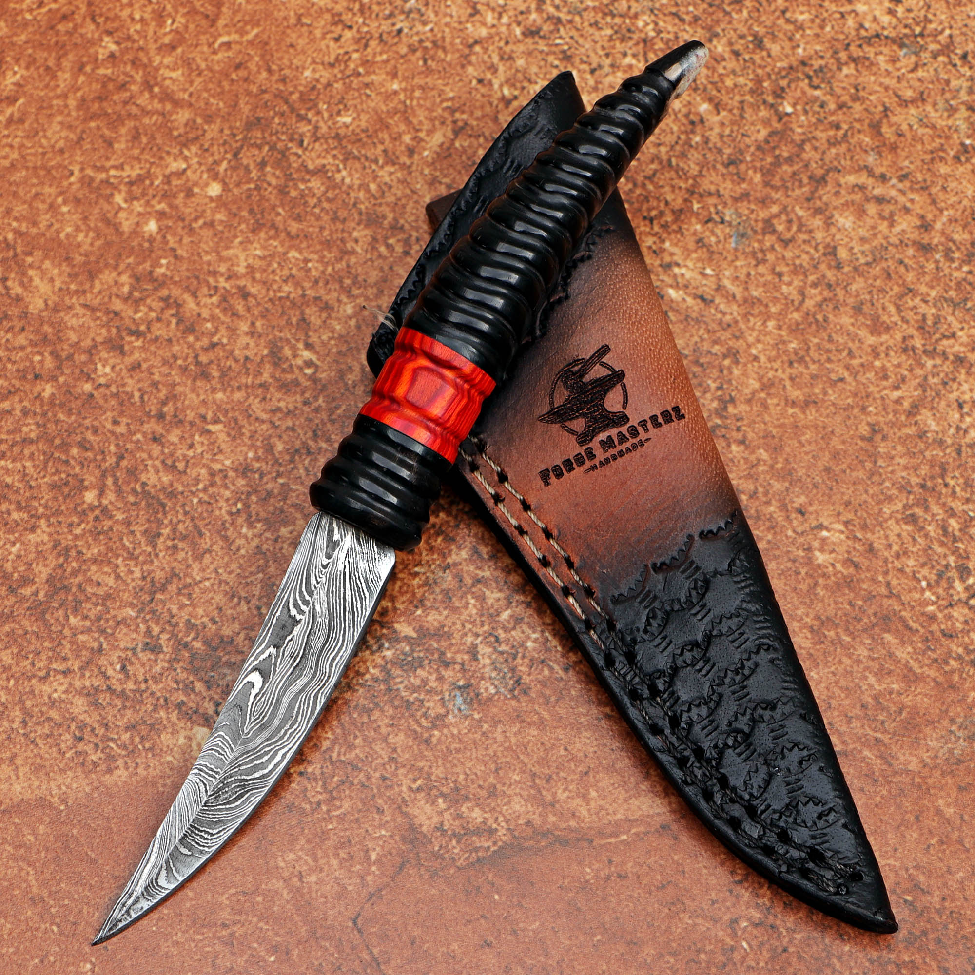 Handmade Black Horn Damascus Steel Skinner with Leather Cover