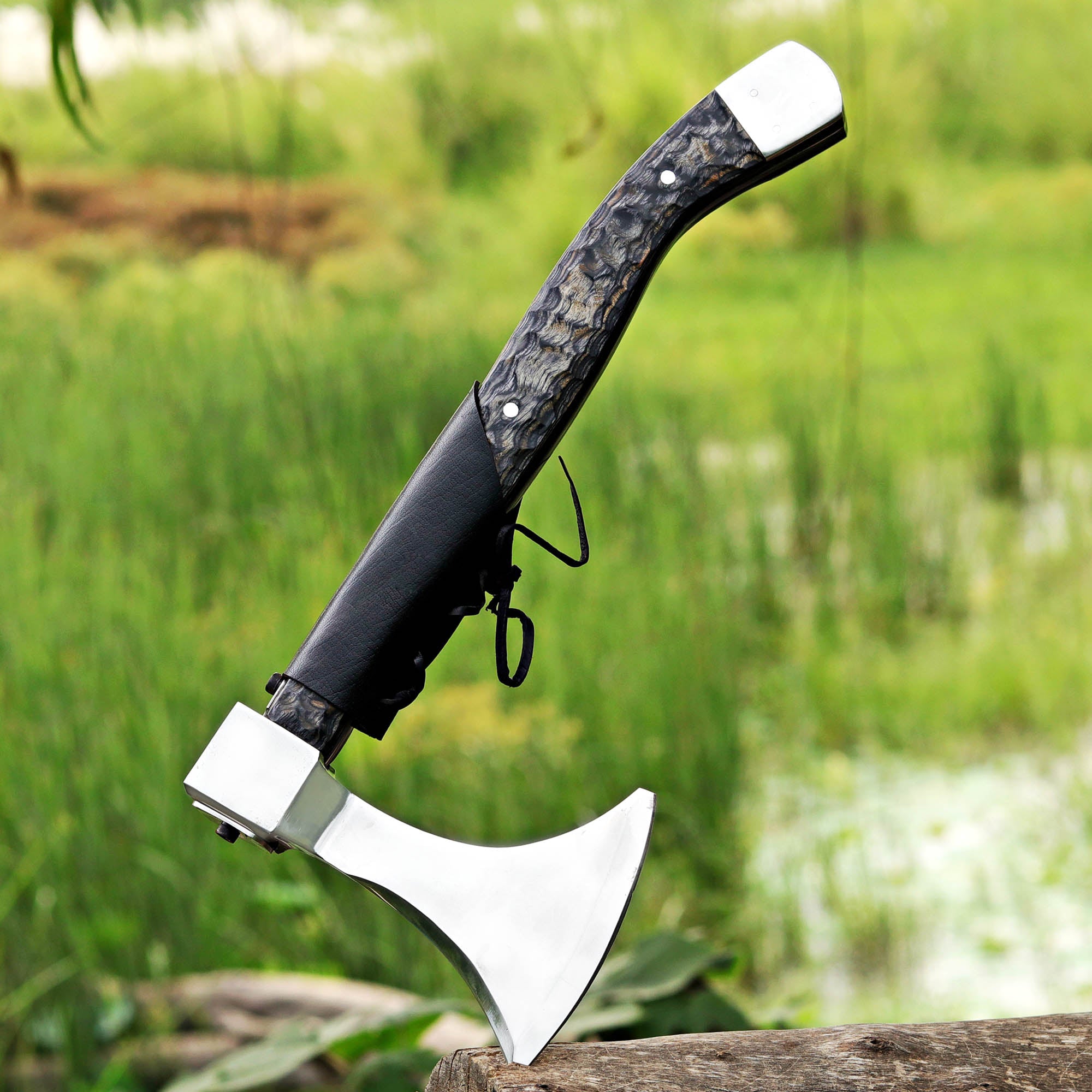 Black Handle Handmade Axe with Wooden Box and Accessories – Perfect Gift for Campers