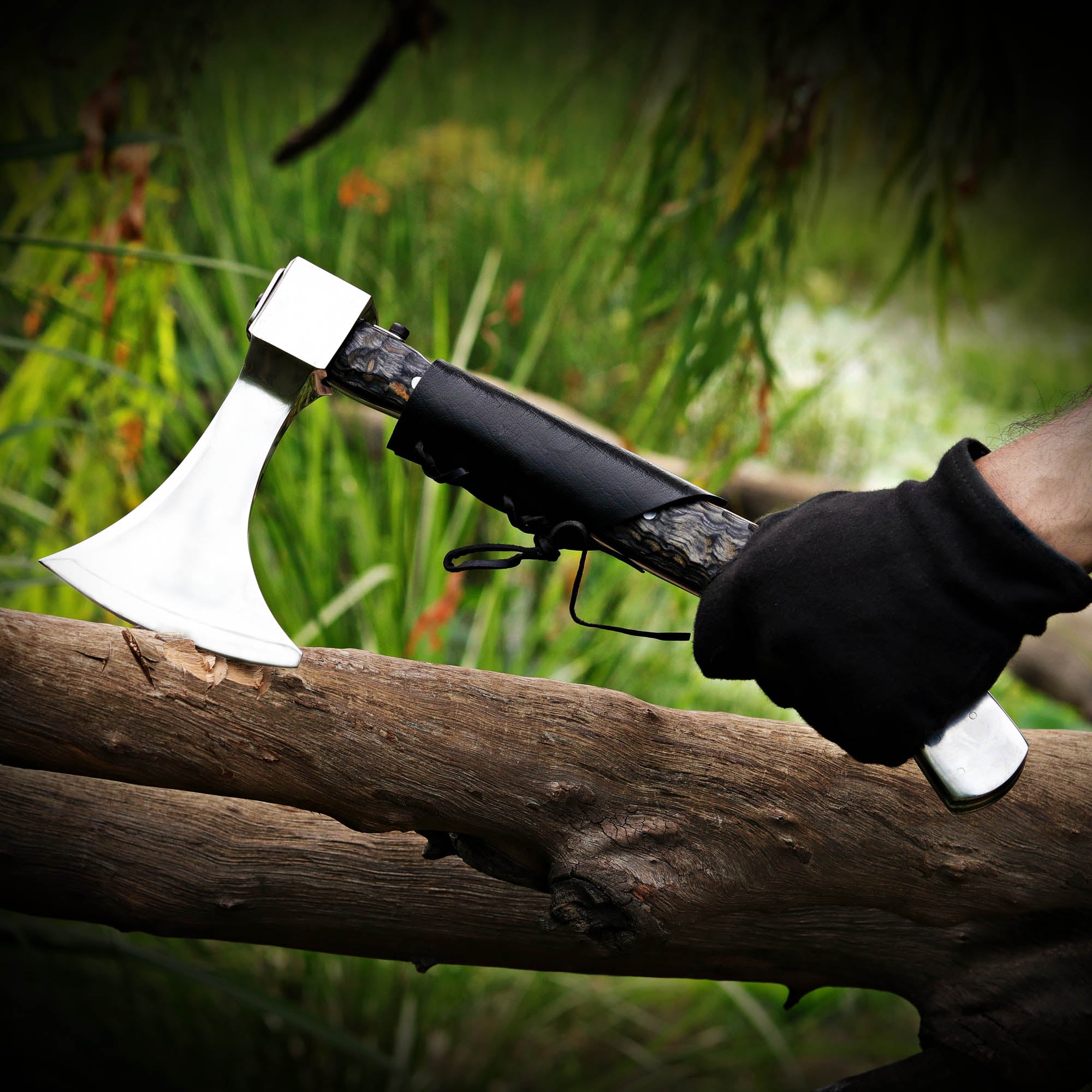 Black Handle Handmade Axe with Wooden Box and Accessories – Perfect Gift for Campers