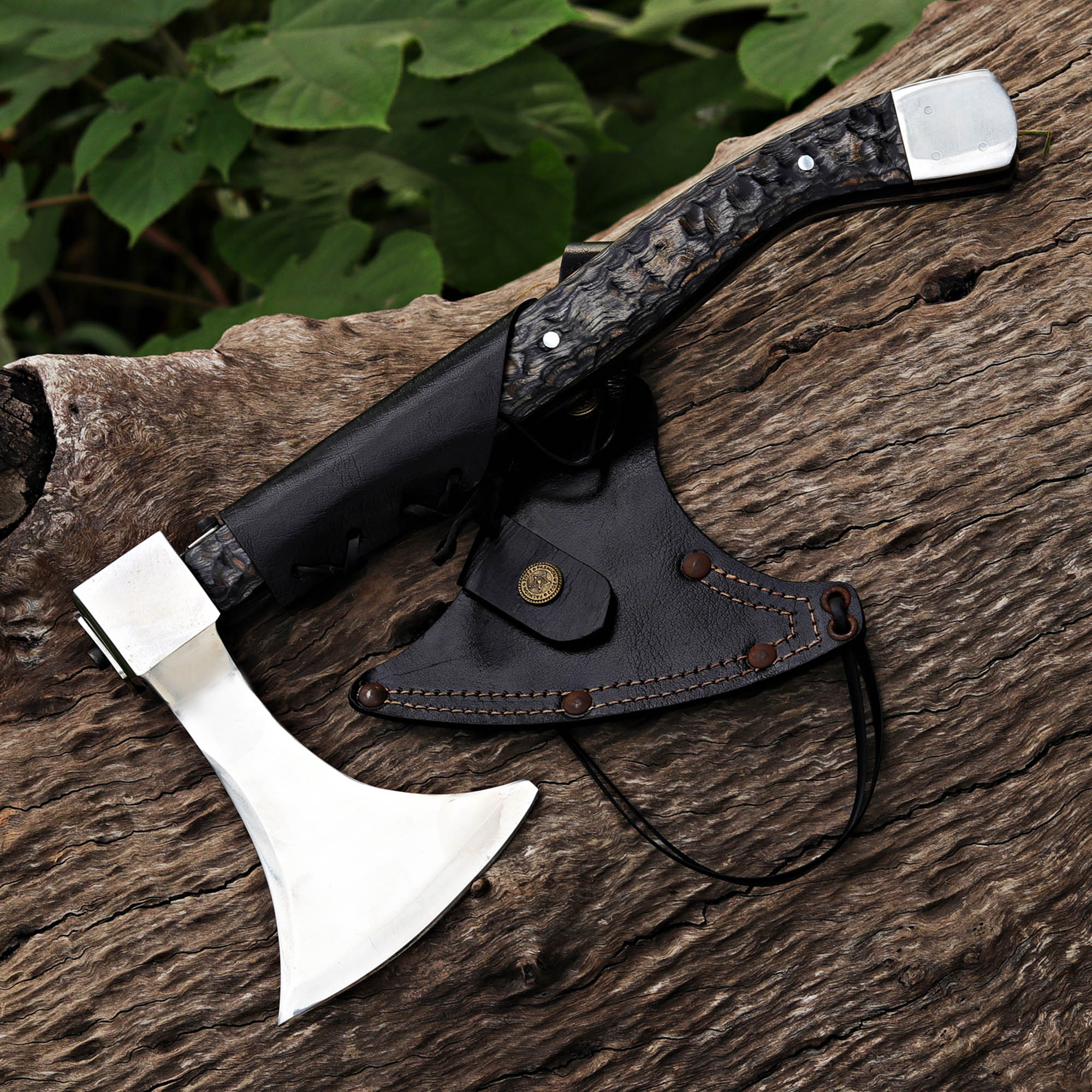 Black Handle Handmade Axe with Wooden Box and Accessories – Perfect Gift for Campers