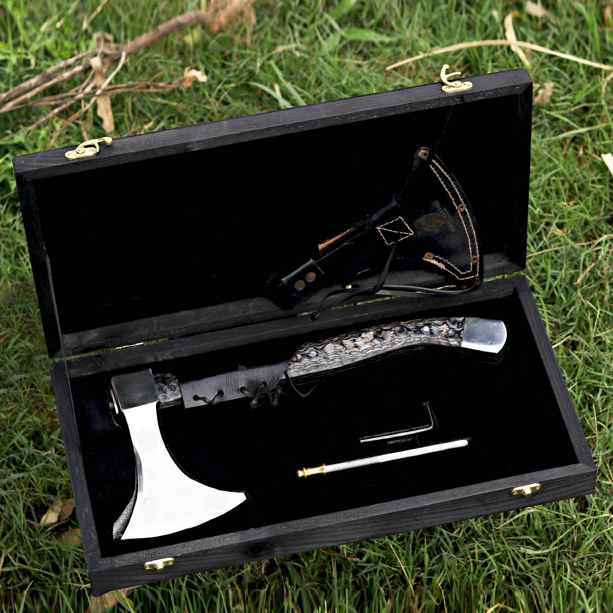 Black Handle Handmade Axe with Wooden Box and Accessories – Perfect Gift for Campers