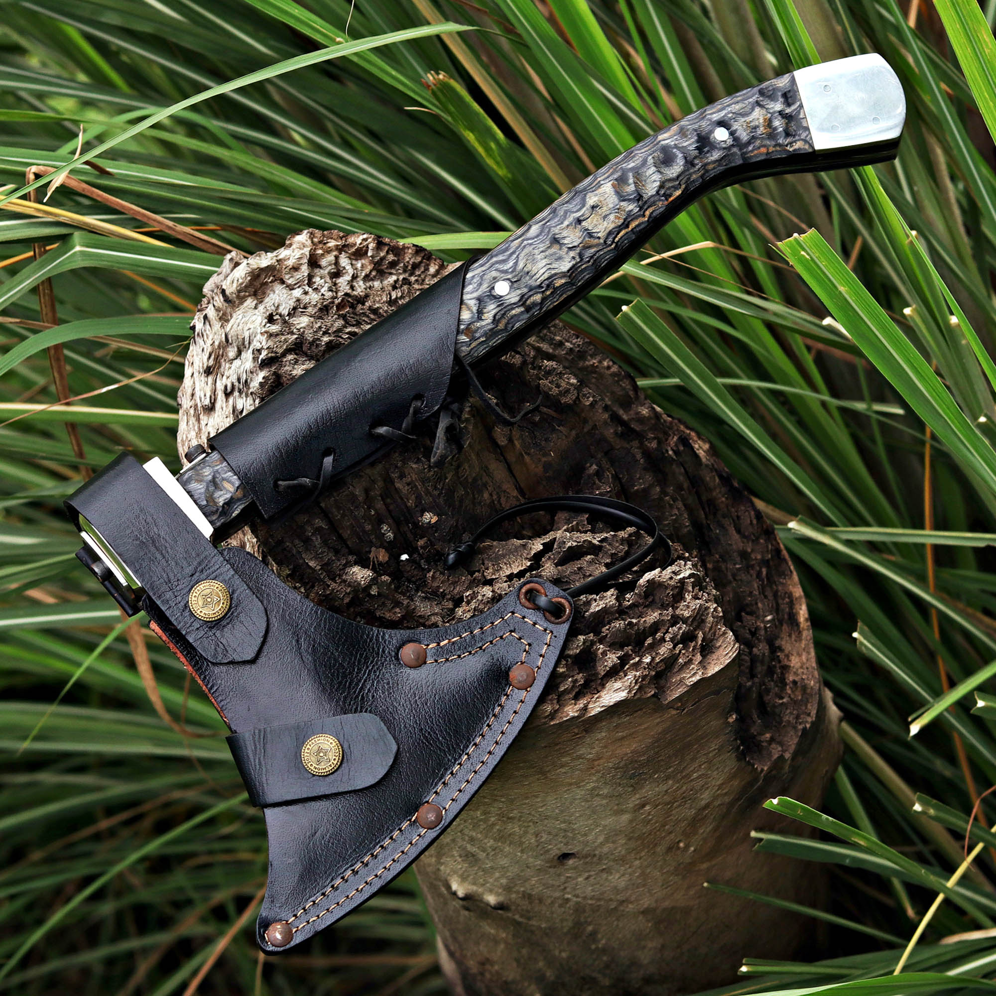 Black Handle Handmade Axe with Wooden Box and Accessories – Perfect Gift for Campers