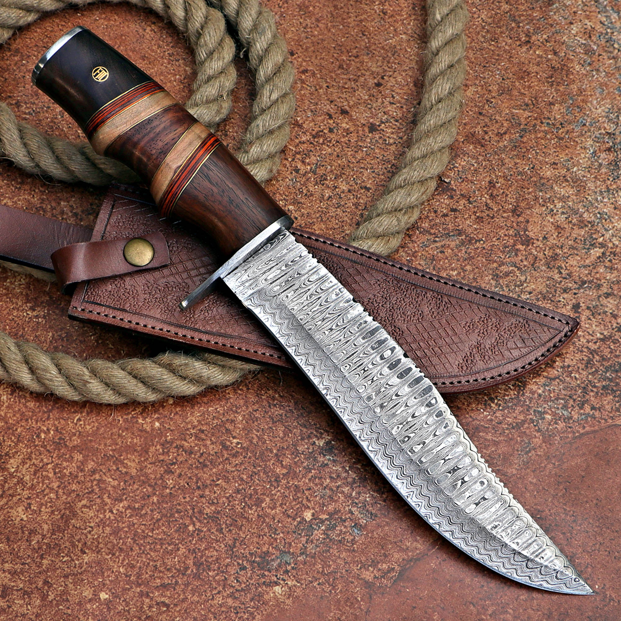 Custom Handmade Damascus Steel Hunting Knife with Leather Cover – Anniversary/Birthday Gift