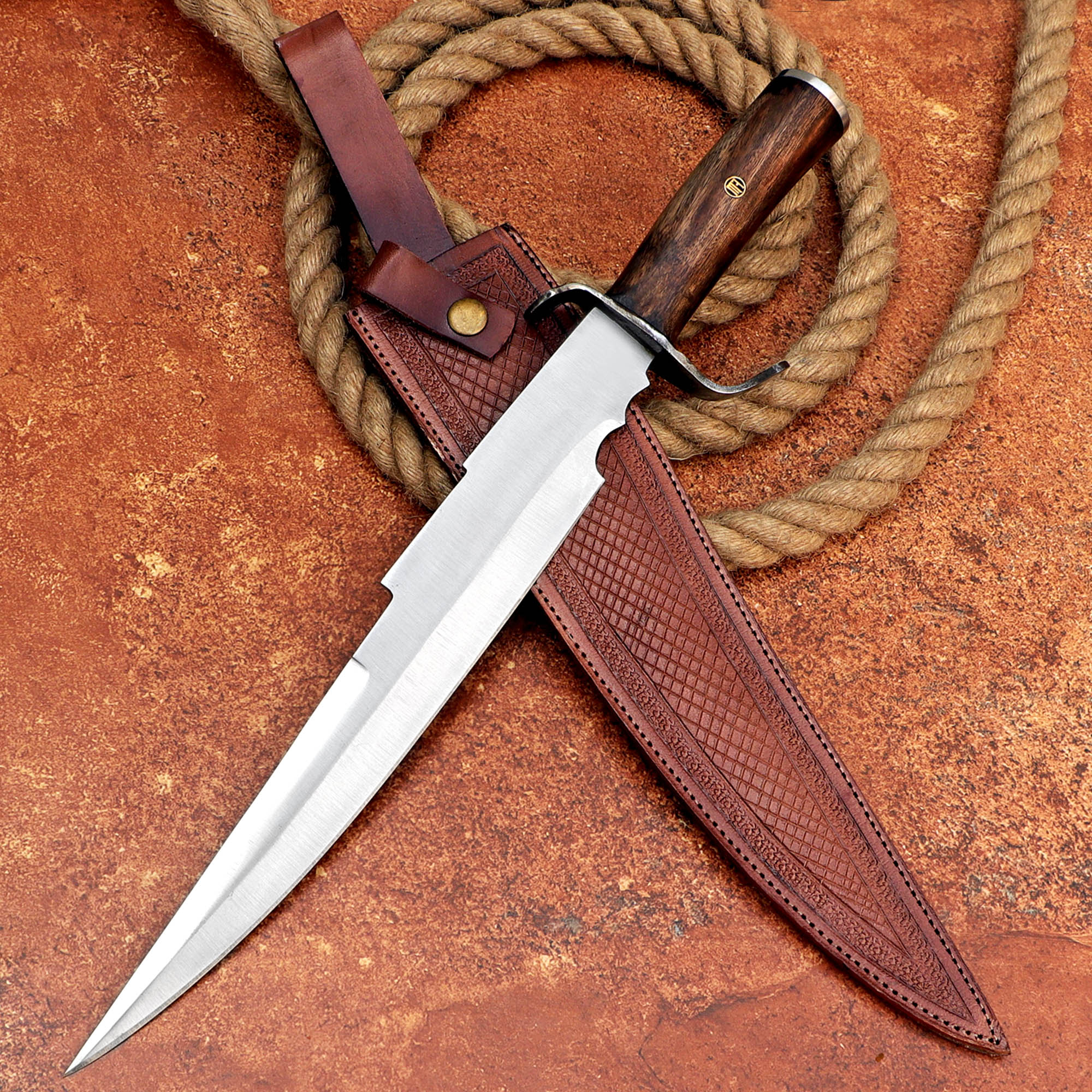 Brown Zig Zag Bowie Custom Handmade Carbon Steel Hunting Knife with Leather Cover – Anniversary/Birthday Gift