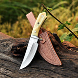 Crown Bone Handle Skinner Custom Handmade J2 Steel Hunting Knife with Camel Bone Handle and Leather Cover – Anniversary/Birthday Gift