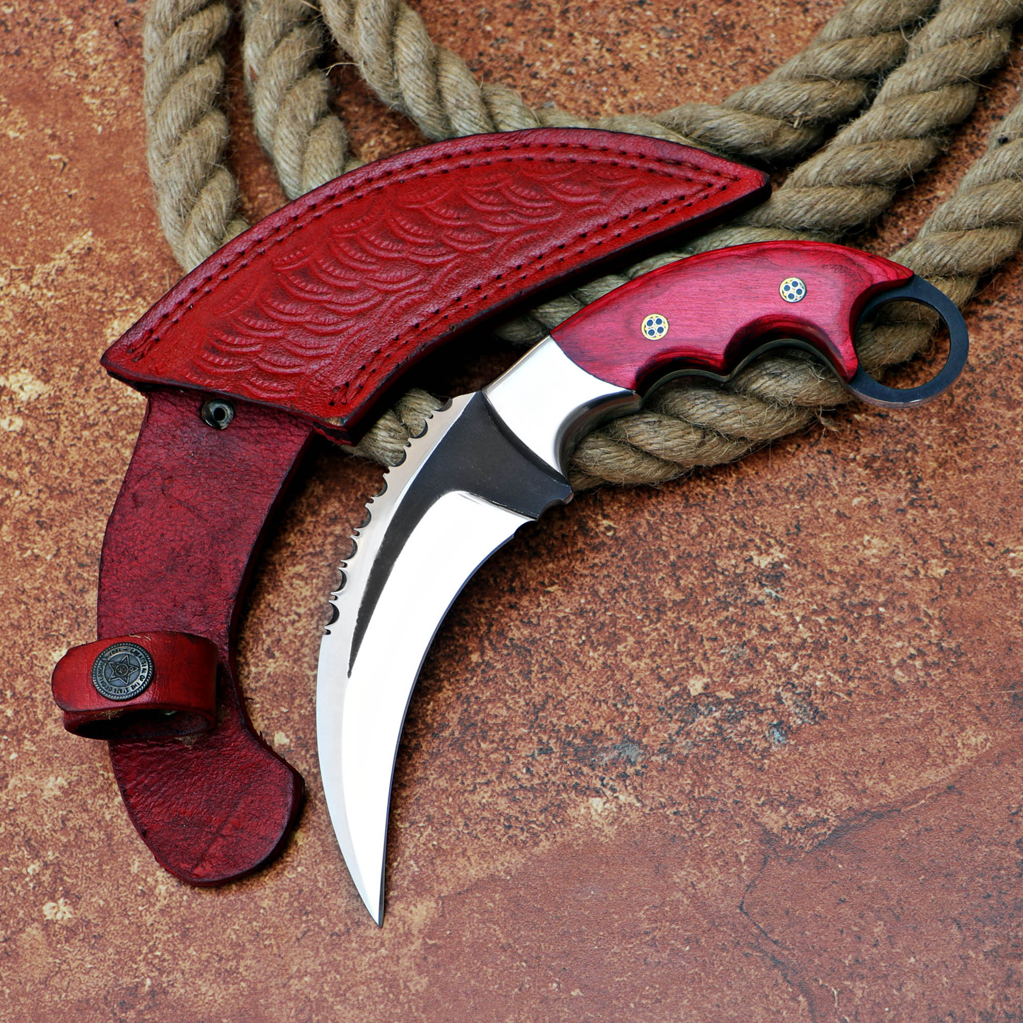 Red Wood Karambit Custom Handmade J2 Steel Karambit Knife with Leather Cover – Anniversary/Birthday Gift