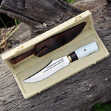 White Bear Knife Custom Handmade J2 Steel Hunting Knife with Leather Cover and Wooden Box – Anniversary/Birthday Gift