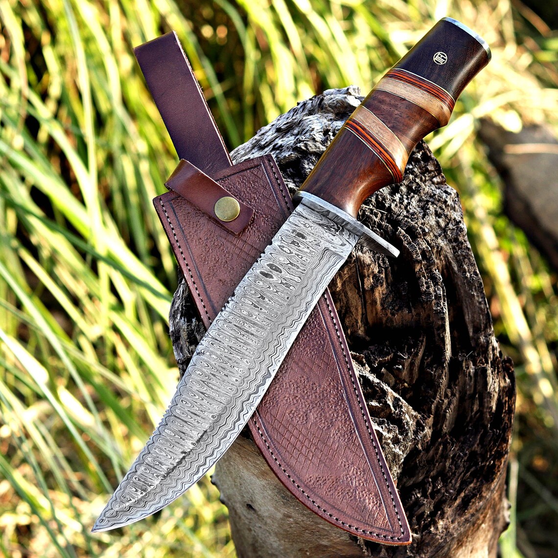 Custom Handmade Damascus Steel Hunting Knife with Leather Cover – Anniversary/Birthday Gift