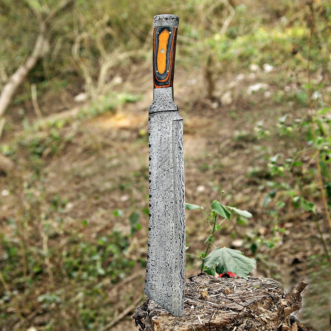 Custom Handmade Damascus Steel Machete with Leather Cover – Christmas/New Year Gift