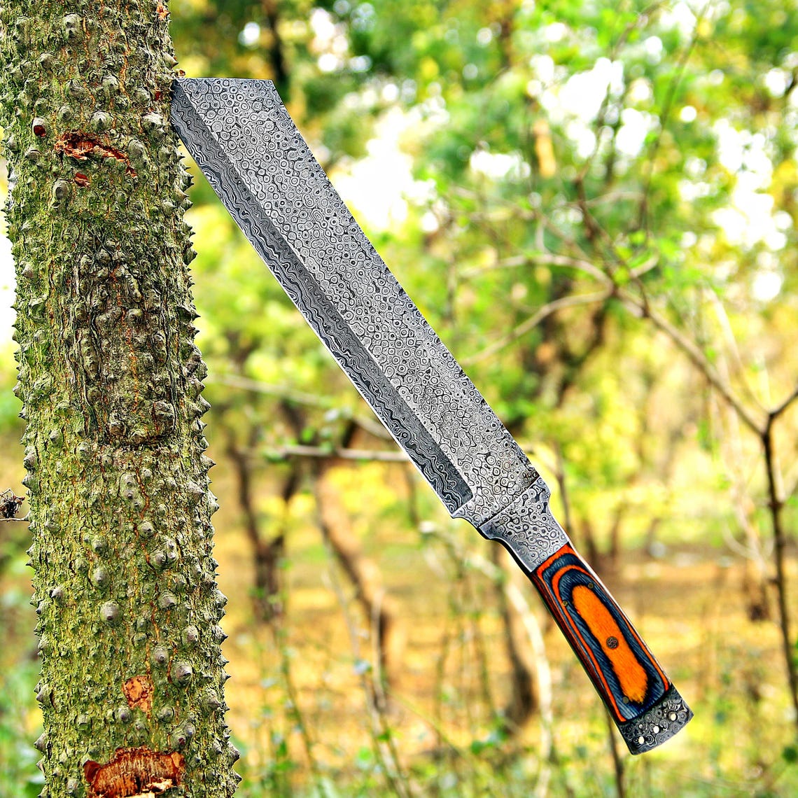 Custom Handmade Damascus Steel Machete with Leather Cover – Christmas/New Year Gift