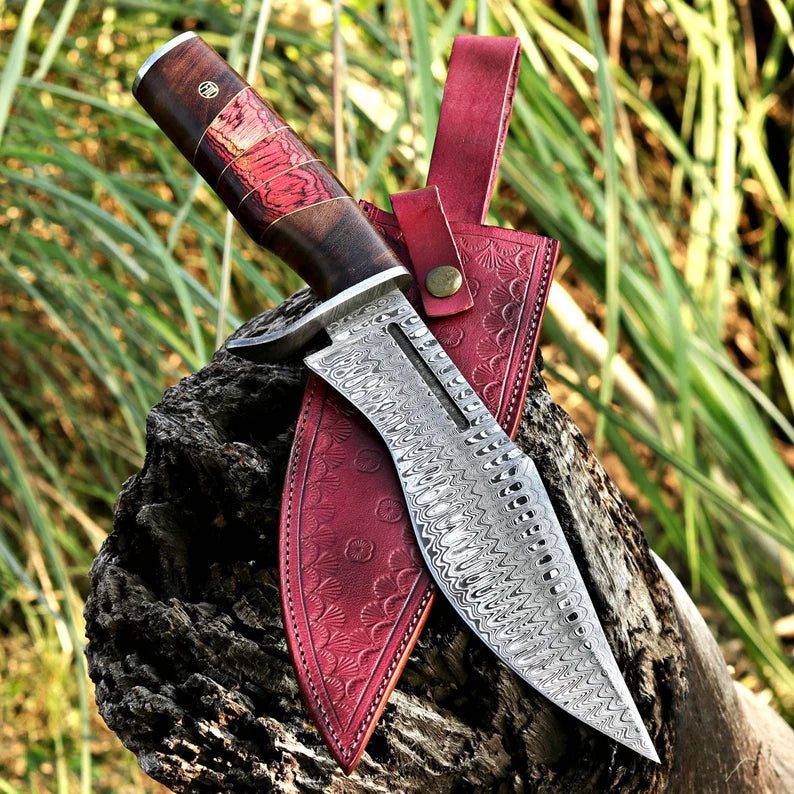 Custom Handmade Damascus Steel Hunting Knife with Leather Cover – Anniversary/Birthday Gift