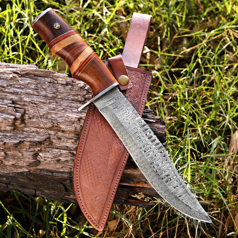 Custom Handmade Damascus Steel Hunting Knife with Leather Cover – Anniversary/Birthday Gift